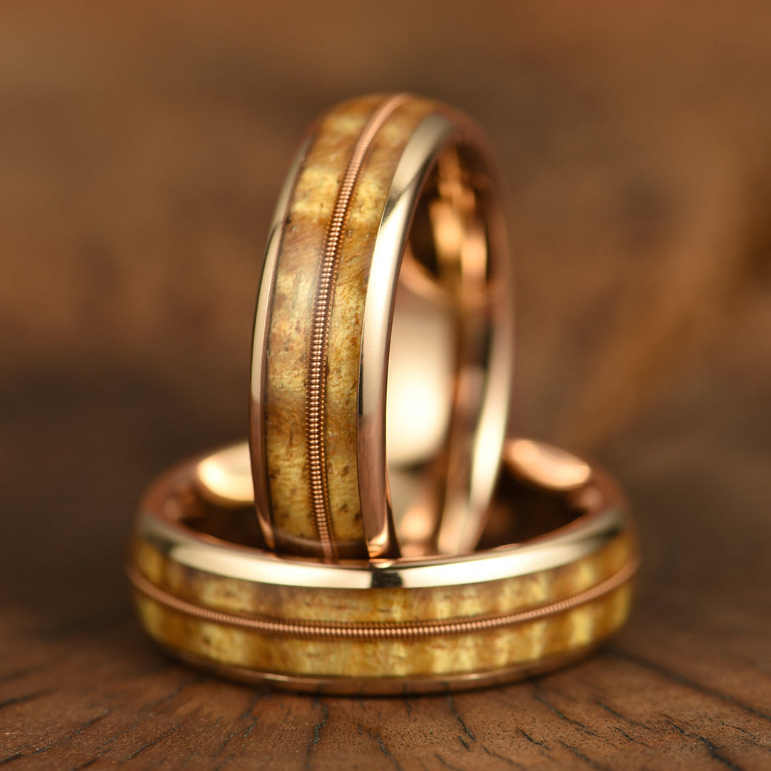 Rose Tungsten Koa Wood Guitar String Inlay Men's Wedding Band 6MM
