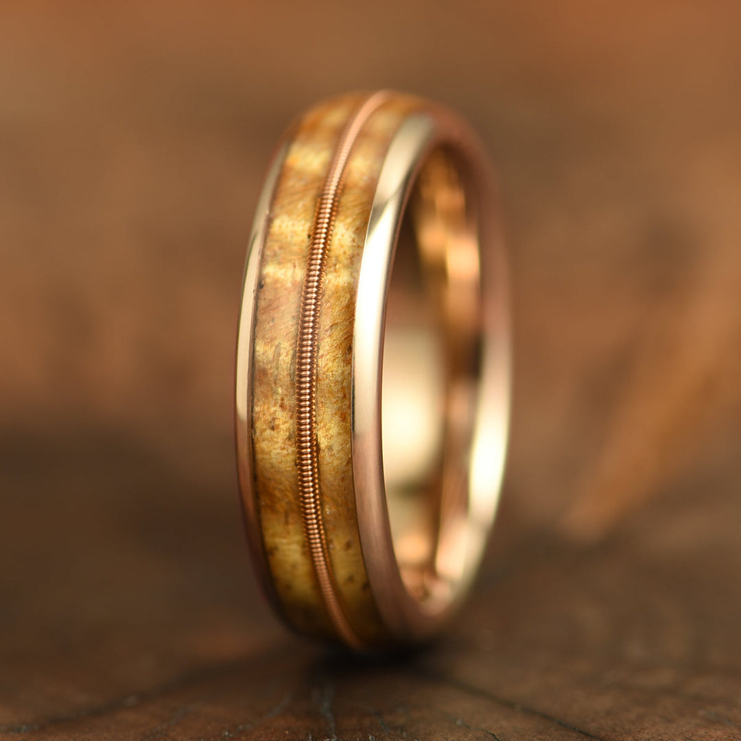 Rose Tungsten Koa Wood Guitar String Inlay Men's Wedding Band 6MM