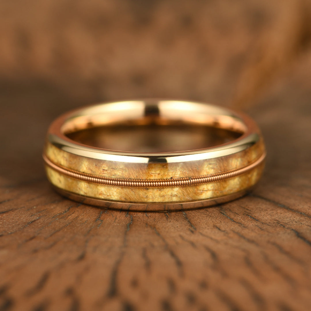 Rose Tungsten Koa Wood Guitar String Inlay Men's Wedding Band 6MM