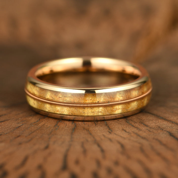 Rose Tungsten Koa Wood Guitar String Inlay Men's Wedding Band 6MM
