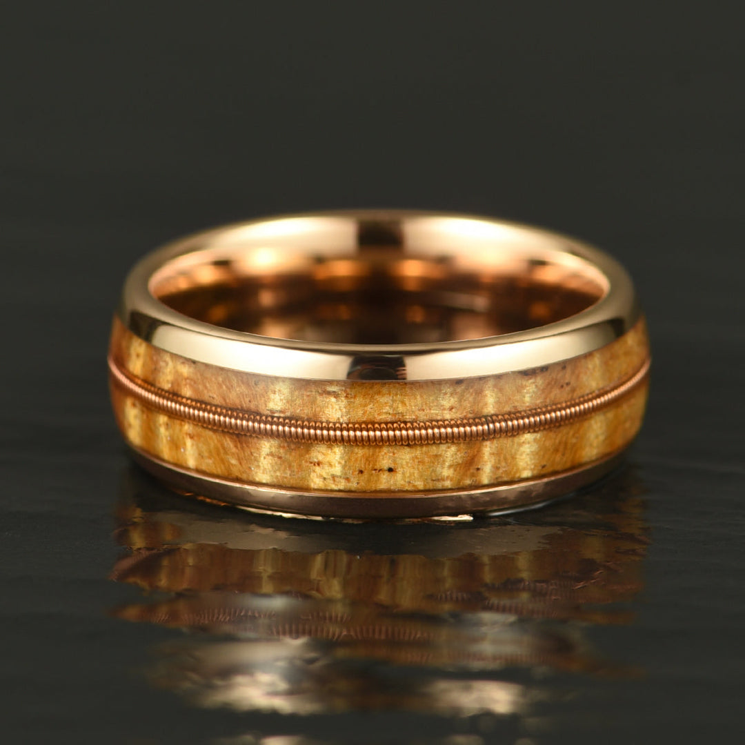 Rose Tungsten Koa Wood Guitar String Inlay Men's Wedding Band 8MM