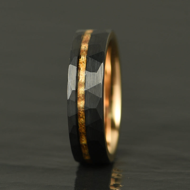 Hammered Tungsten Rose Tungsten Interior Koa Wood Inlay Men's Wedding Band 6MM
