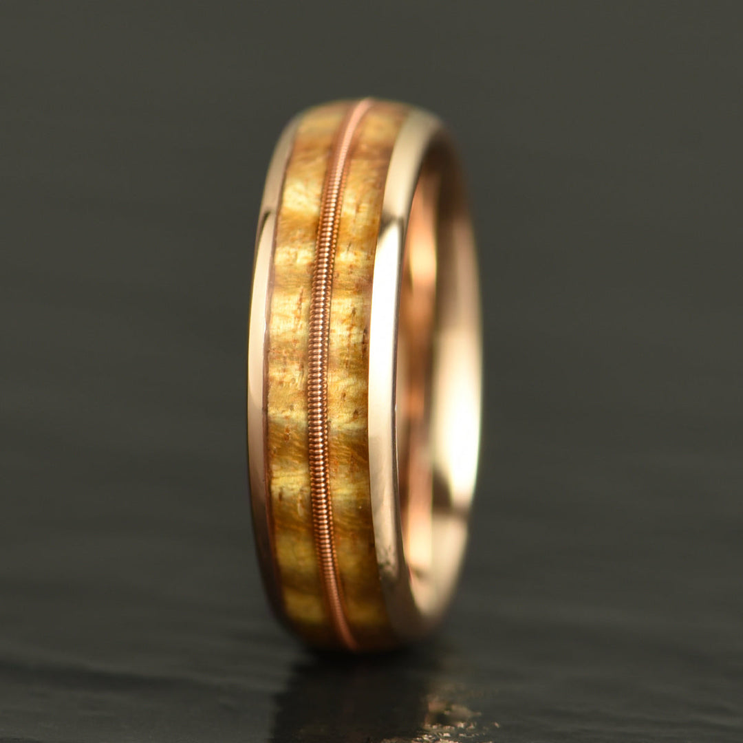 Rose Tungsten Koa Wood Guitar String Inlay Men's Wedding Band 6MM