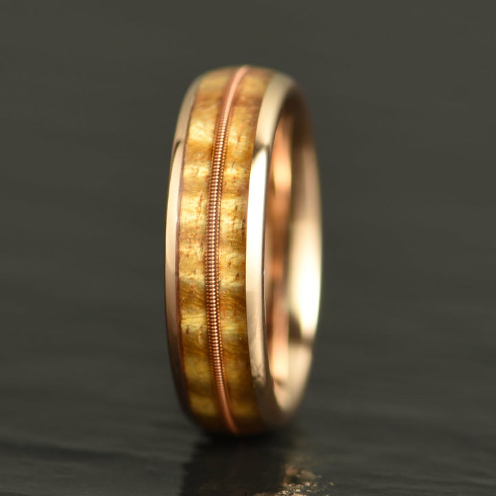 Rose Tungsten Koa Wood Guitar String Inlay Men's Wedding Band 6MM