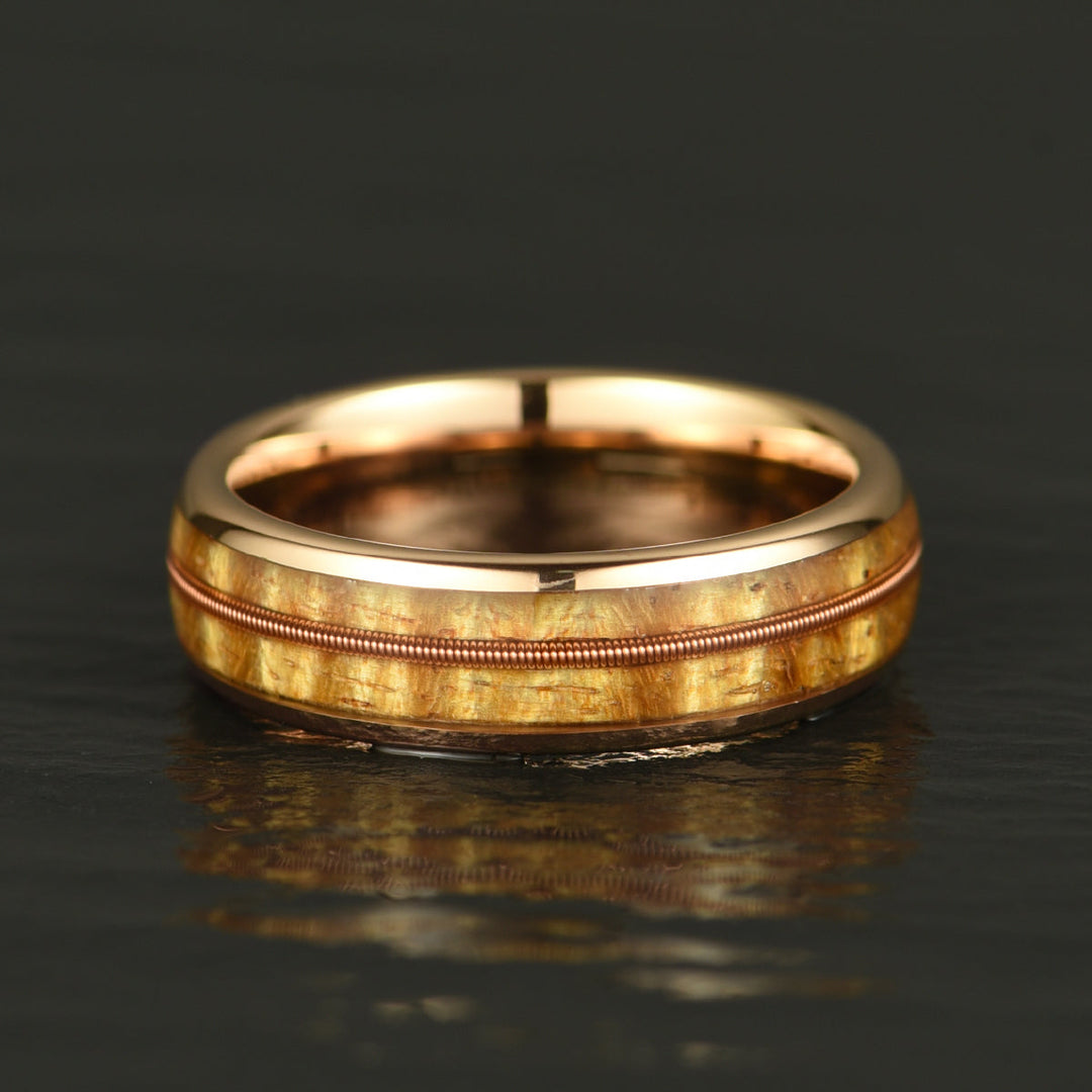 Rose Tungsten Koa Wood Guitar String Inlay Men's Wedding Band 6MM