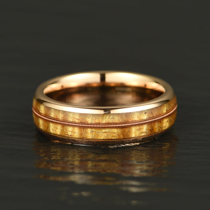 Rose Tungsten Koa Wood Guitar String Inlay Men's Wedding Band 6MM