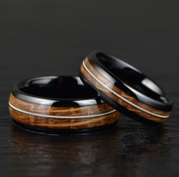 Whiskey Barrel Wood Guitar String Black Tungsten Men's Wedding Band 8MM - Rings By Pristine