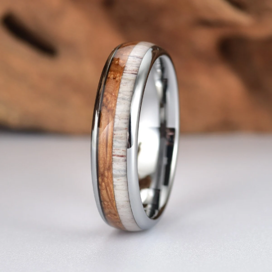 Tungsten Antler Whiskey Barrel Wood Men's Wedding Band 6MM - Rings By Pristine