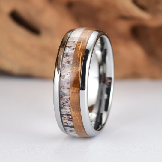 Tungsten Antler Whiskey Barrel Wood Men's Wedding Band 8MM - Rings By Pristine