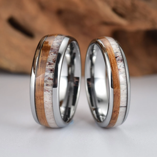 Tungsten Antler Whiskey Barrel Wood Men's Wedding Band 8MM - Rings By Pristine