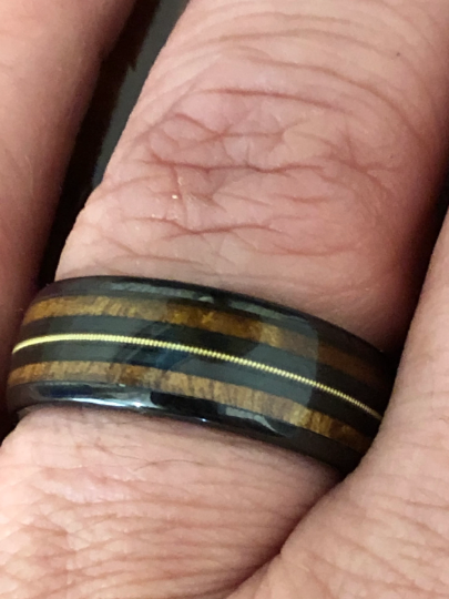 Black Ceramic Koa Wood Guitar String Men's Wedding Band 8MM - Rings By Pristine