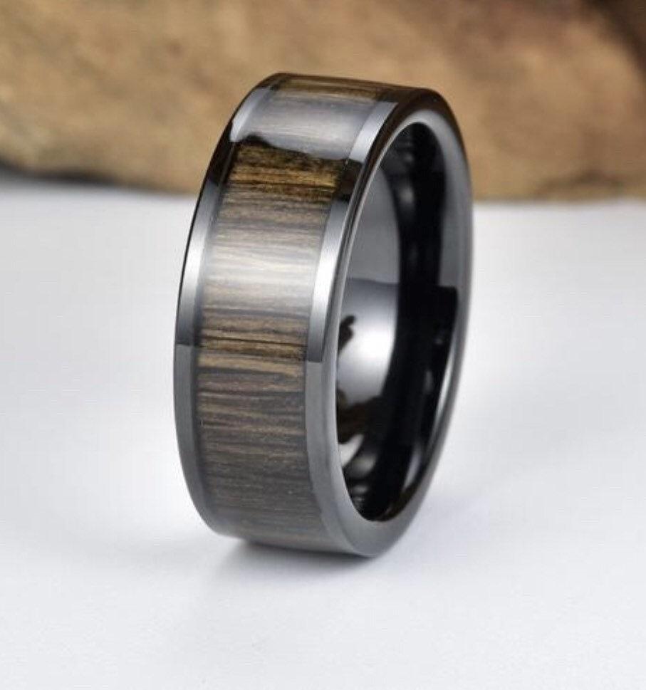 Ancient Bog Oak Black Tungsten Ring Men's Wedding Band 8MM - Rings By Pristine