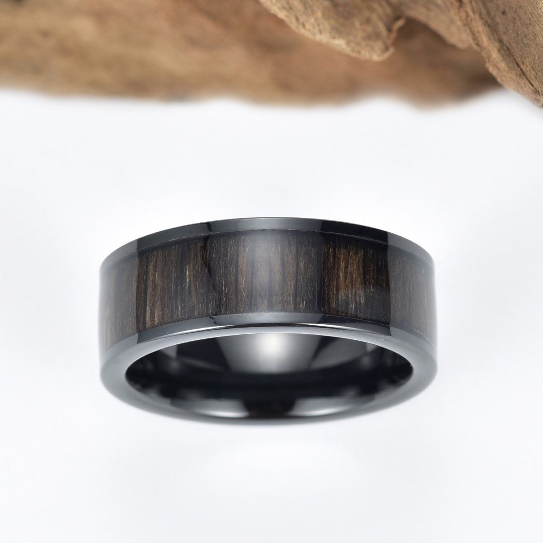 Ancient Bog Oak Black Tungsten Ring Men's Wedding Band 8MM - Rings By Pristine