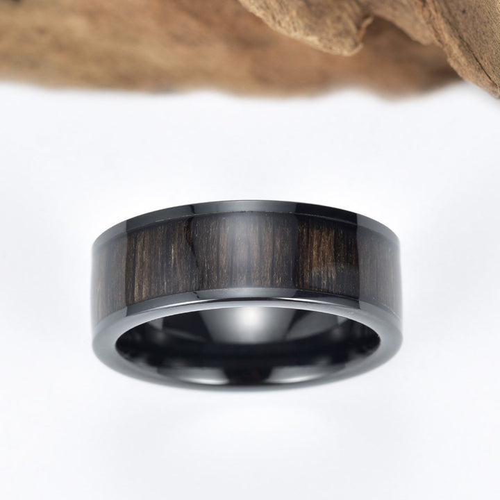 Ancient Bog Oak Black Tungsten Ring Men's Wedding Band 8MM - Rings By Pristine