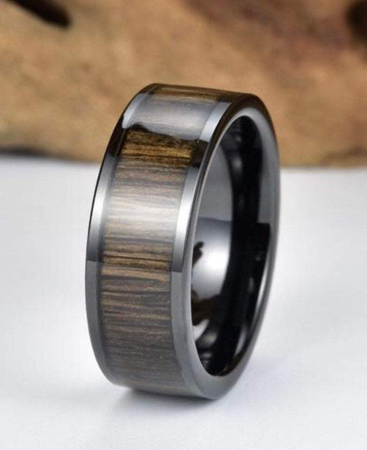 Ancient Bog Oak Black Tungsten Ring Men's Wedding Band 8MM - Rings By Pristine
