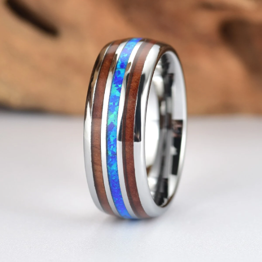 Grey Tungsten Koa Wood Blue Opal Men's Wedding Band 8MM - Rings By Pristine