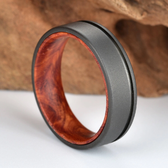 Titanium Rose Wood Burl Men's Wedding Band 6MM - Rings By Pristine