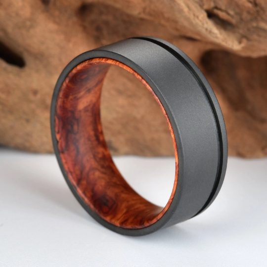 Titanium Rose Wood Burl Men's Wedding Band 8MM - Rings By Pristine