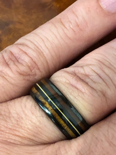 Black Ceramic Koa Wood Guitar String Men's Wedding Band 8MM - Rings By Pristine