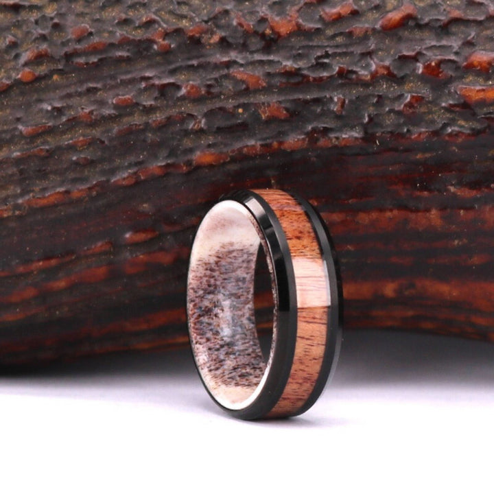 Black Tungsten Exotic Antler & Koa Men's Wedding Band 8MM - Rings By Pristine