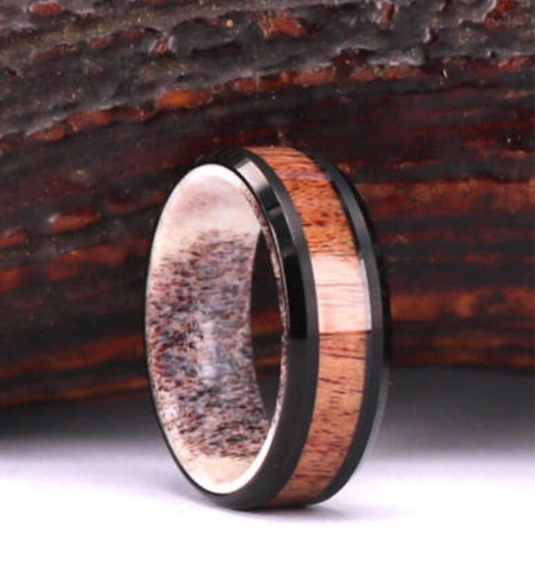 Black Tungsten Exotic Antler & Koa Men's Wedding Band 8MM - Rings By Pristine