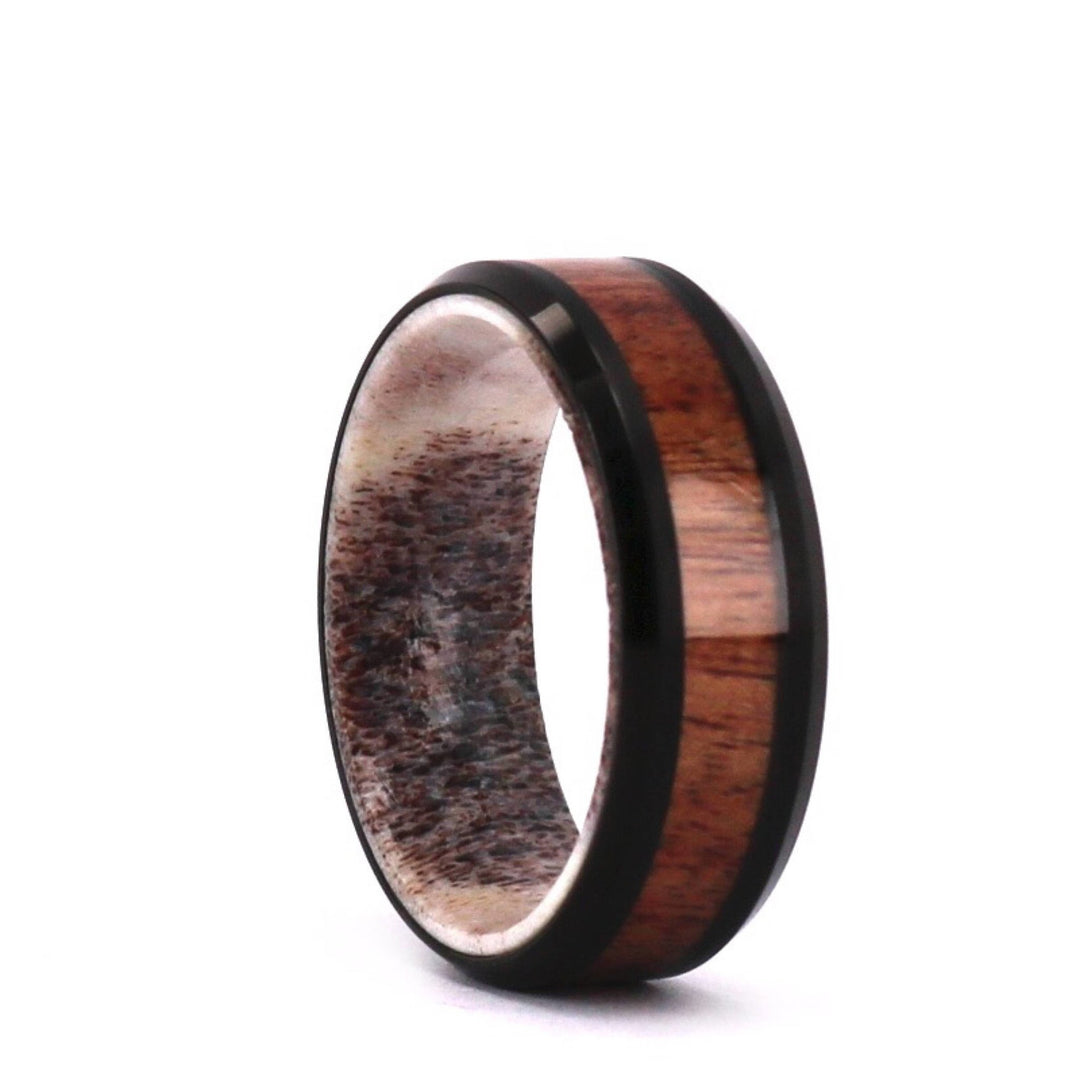 Black Tungsten Exotic Antler & Koa Men's Wedding Band 8MM - Rings By Pristine