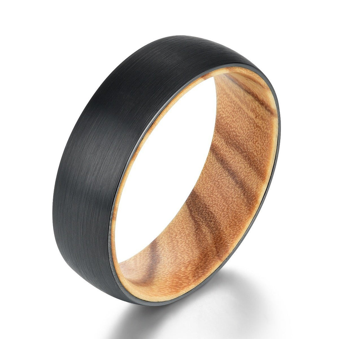 Black Tungsten Ring Exotic Olive Wood Men's Wedding Band 8MM - Rings By Pristine