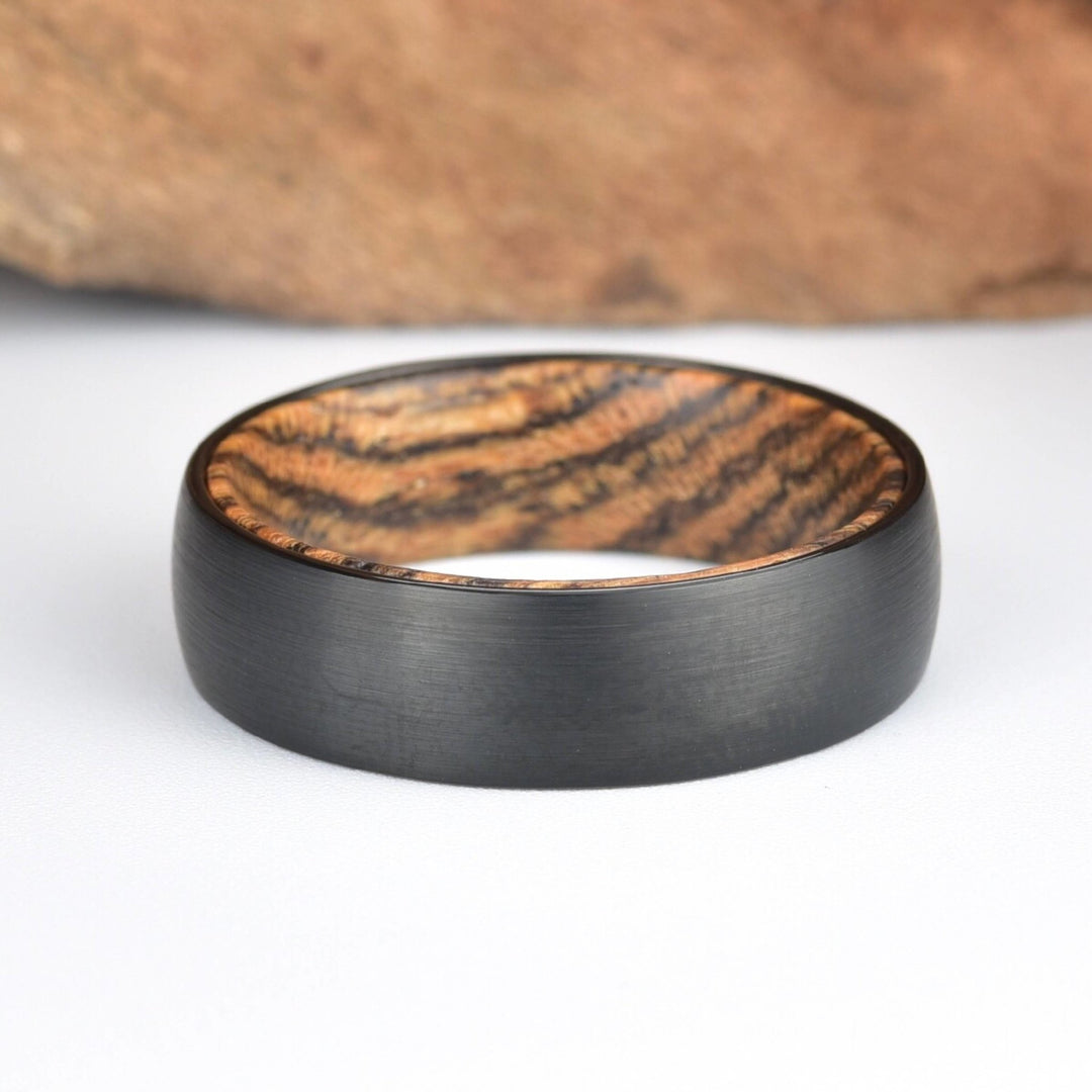 Bocote Wood Tungsten Band Sandblasted Gunmetal Grey Men's Wedding Band 6MM-8MM - Rings By Pristine