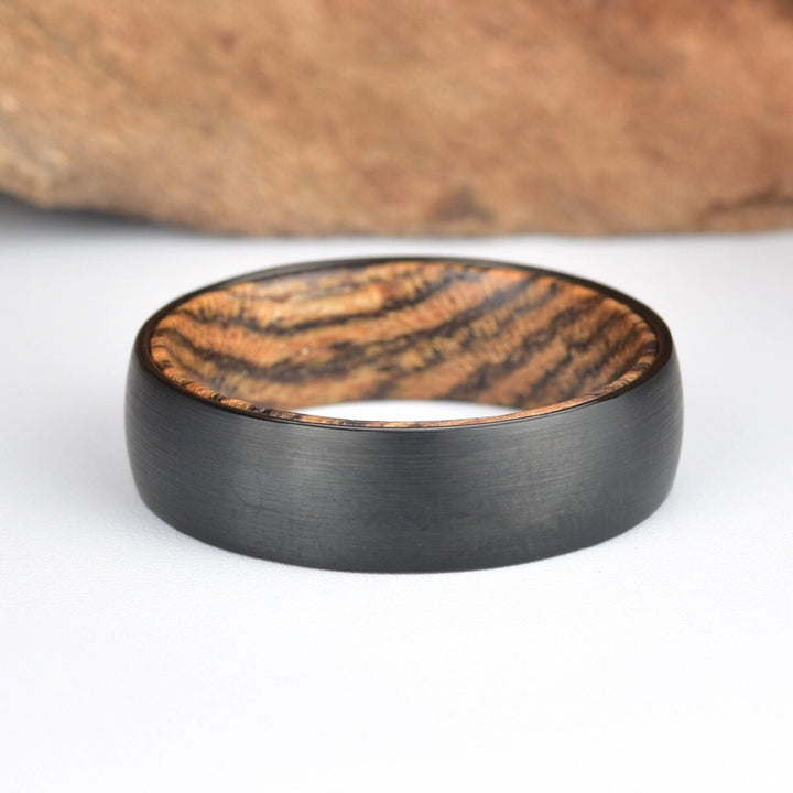 Bocote Wood Tungsten Band Sandblasted Gunmetal Grey Men's Wedding Band 6MM-8MM - Rings By Pristine