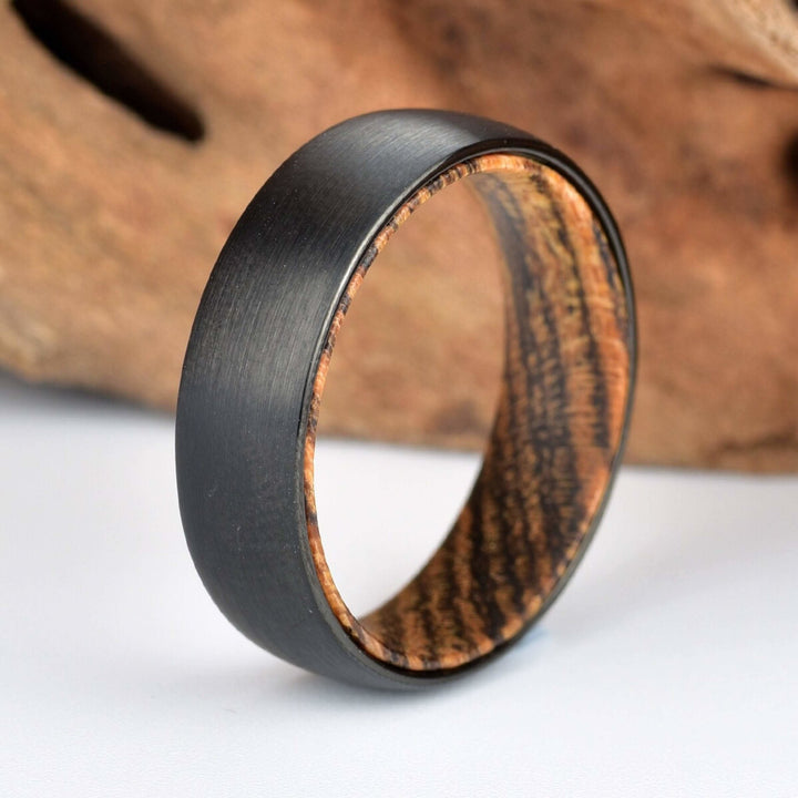 Bocote Wood Tungsten Band Sandblasted Gunmetal Grey Men's Wedding Band 6MM-8MM - Rings By Pristine