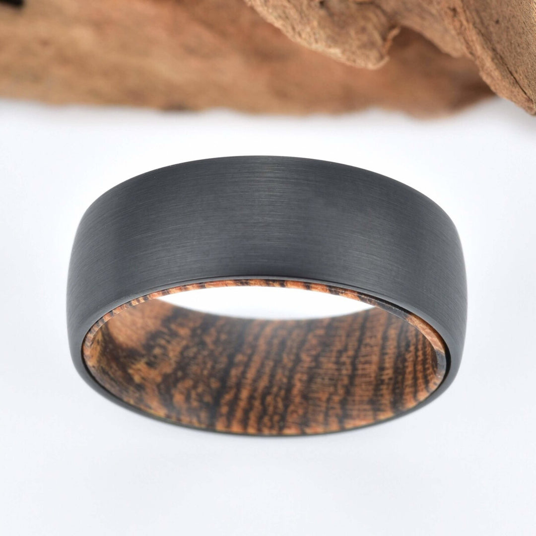 Bocote Wood Tungsten Band Sandblasted Gunmetal Grey Men's Wedding Band 6MM-8MM - Rings By Pristine