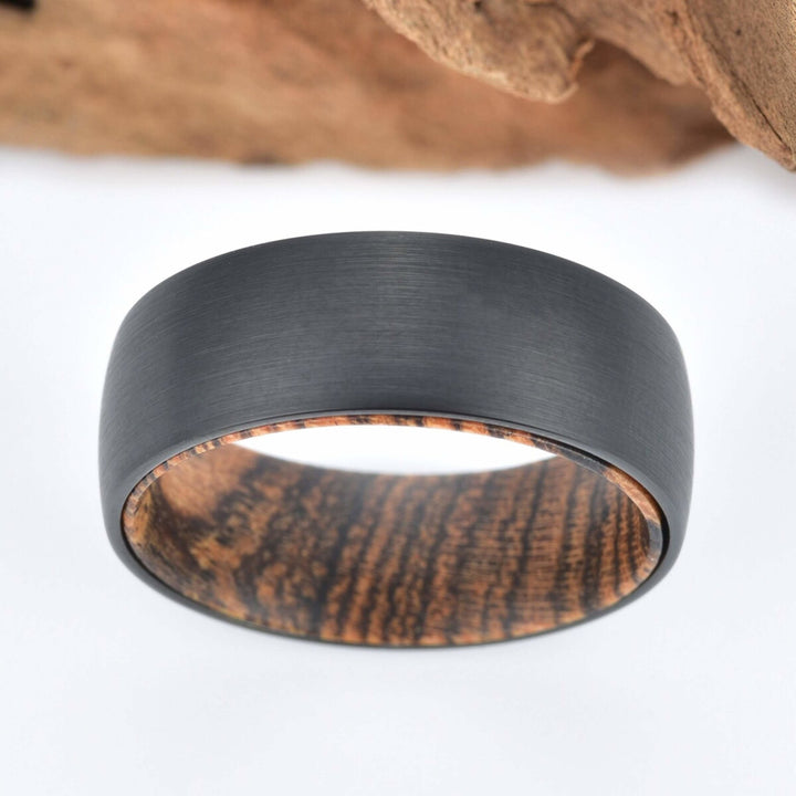 Bocote Wood Tungsten Band Sandblasted Gunmetal Grey Men's Wedding Band 6MM-8MM - Rings By Pristine