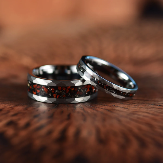 Grey Hammered Tungsten Dinosaur Bone and Meteorite Men's Wedding Band 8MM - Rings By Pristine