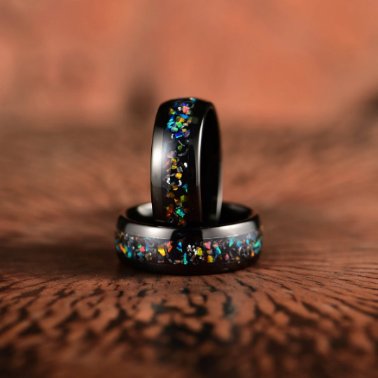 Black Tungsten Crushed Opal Rounded Men's Wedding Band 8MM - Rings By Pristine