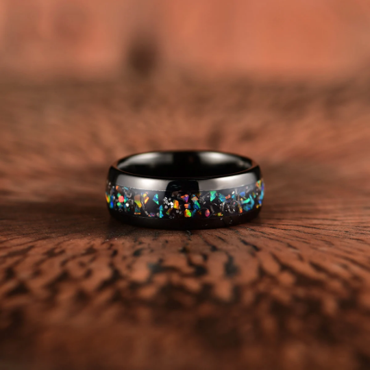 Black Tungsten Crushed Opal Rounded Men's Wedding Band 8MM - Rings By Pristine