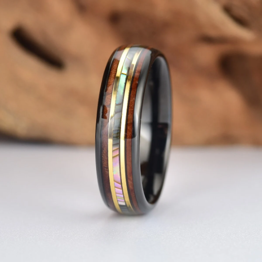 Tungsten Abalone Shell Koa Wood Women's Wedding Band 6MM - Rings By Pristine