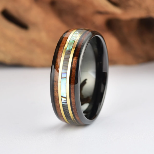 Tungsten Abalone Shell Koa Wood Men's Wedding Band 8MM - Rings By Pristine