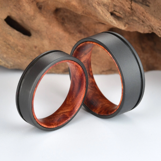 Titanium Rose Wood Burl Men's Wedding Band 8MM - Rings By Pristine
