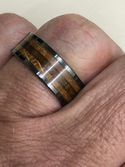 Black Ceramic Tobbaco Leaf Whiskey Barrel Wood Men's Wedding Band 8MM - Rings By Pristine