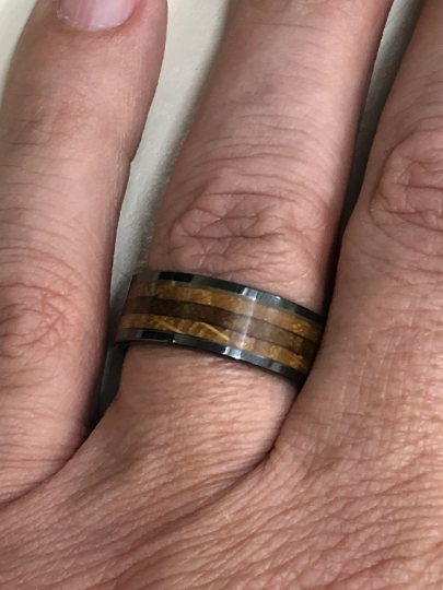 Black Ceramic Tobbaco Leaf Whiskey Barrel Wood Men's Wedding Band 8MM - Rings By Pristine