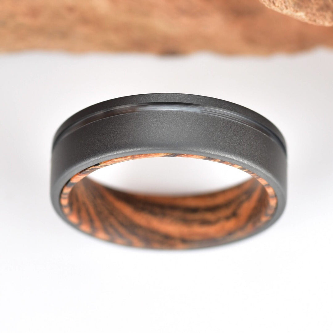 Gun Metal Gray Titanium Ring Exotic Bocote Wood Men's Wedding Band 6MM-8MM - Rings By Pristine