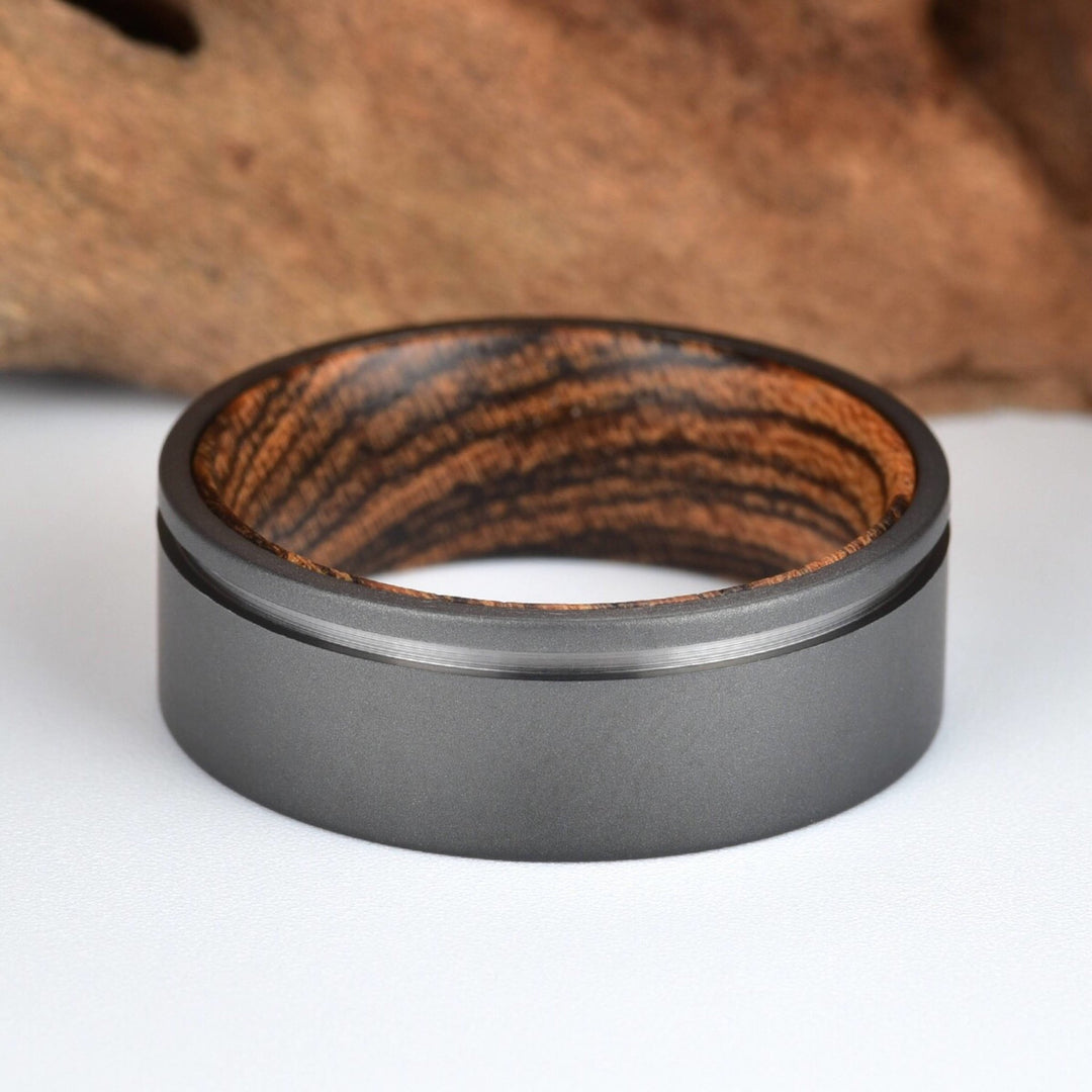 Gun Metal Gray Titanium Ring Exotic Bocote Wood Men's Wedding Band 6MM-8MM - Rings By Pristine