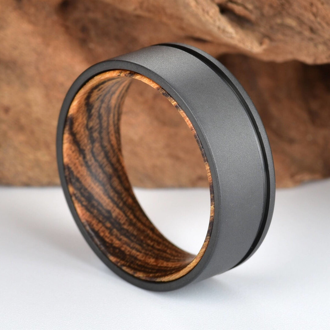 Gun Metal Gray Titanium Ring Exotic Bocote Wood Men's Wedding Band 6MM-8MM - Rings By Pristine