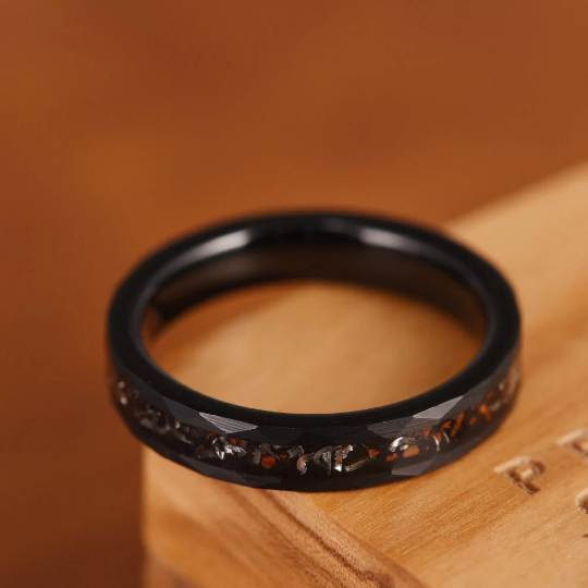 Black Hammered Tungsten Dinosaur Bone and Meteorite Women's Wedding Band 4MM - Rings By Pristine