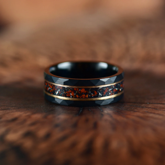 Black Hammered Tungsten Dinosaur Bone and Meteorite Men's Wedding Band 8MM - Rings By Pristine