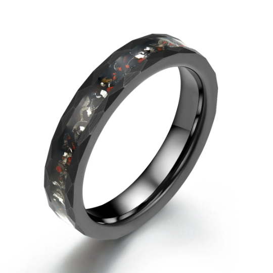 Black Hammered Tungsten Dinosaur Bone and Meteorite Women's Wedding Band 4MM - Rings By Pristine