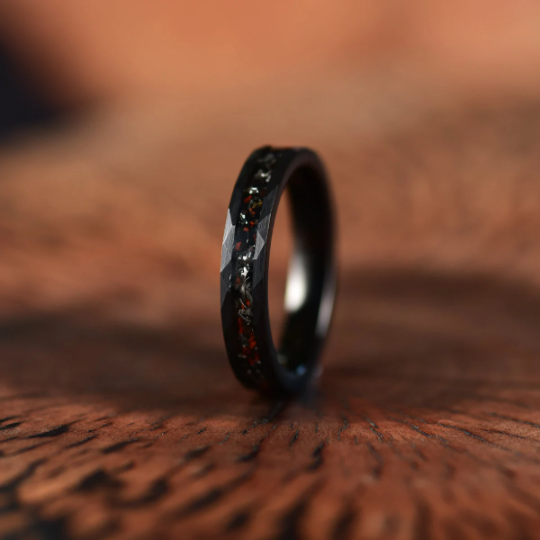Black Hammered Tungsten Dinosaur Bone and Meteorite Women's Wedding Band 4MM - Rings By Pristine