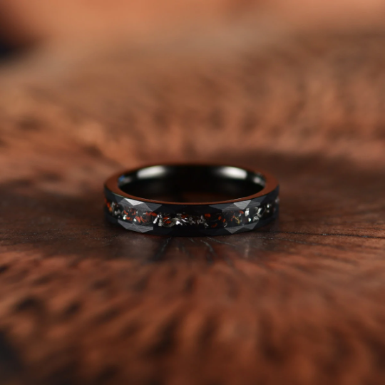 Black Hammered Tungsten Dinosaur Bone and Meteorite Women's Wedding Band 4MM - Rings By Pristine