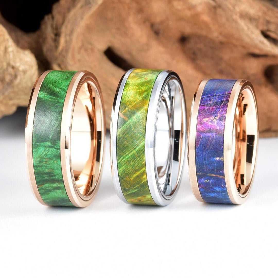 Rose Tungsten Mens Wedding Band Box Elder Wood Mens Wedding Ring Tungsten Ring Tungsten Band Box Elder Wood Ring Comfort Fit Ring - Rings By Pristine