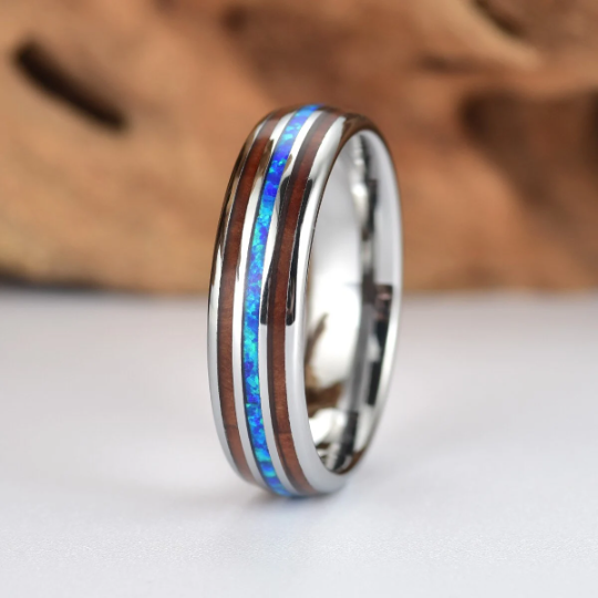 Grey Tungsten Koa Wood Blue Opal Women's Wedding Band 4MM - Rings By Pristine